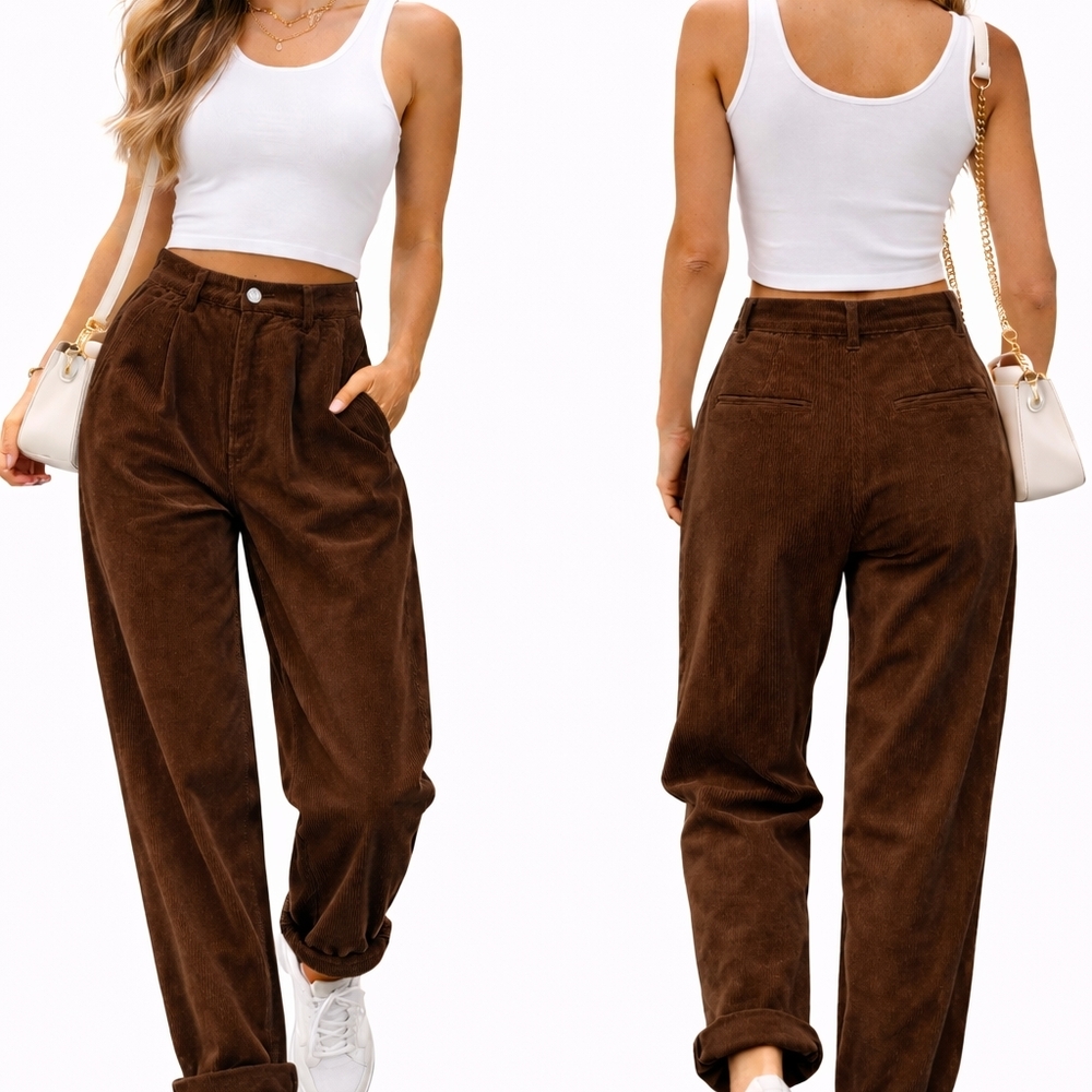 Elegant Brown High-Waisted Corduroy Trousers